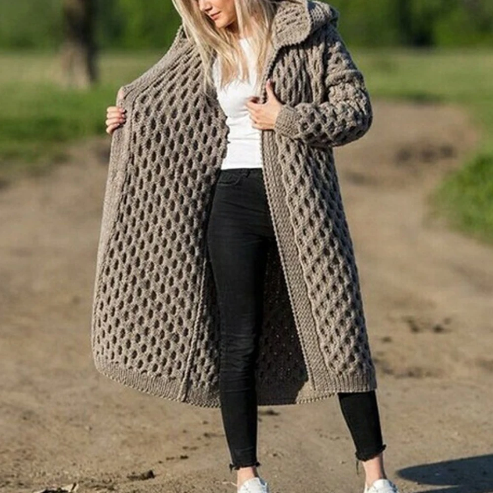 OEAK Женский вязаный кардиган, зимний толстый теплый длинный кардиган с капюшоном, Женский винтажный свитер с длинным рукавом, верхняя одежда размера плюс, пальто - Цвет: Gray