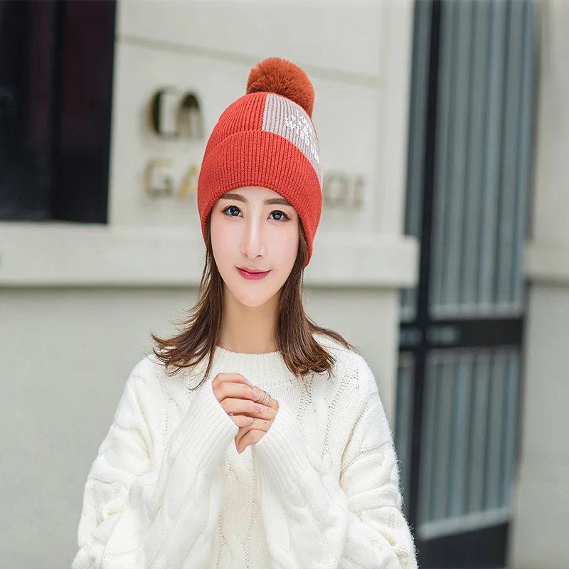 

Winter Pom Pom Hats Women Knitted Thicken Warm Ball Hat Cap Lady Winter Warm Cap Solid Female Fashion Bonnet Femme