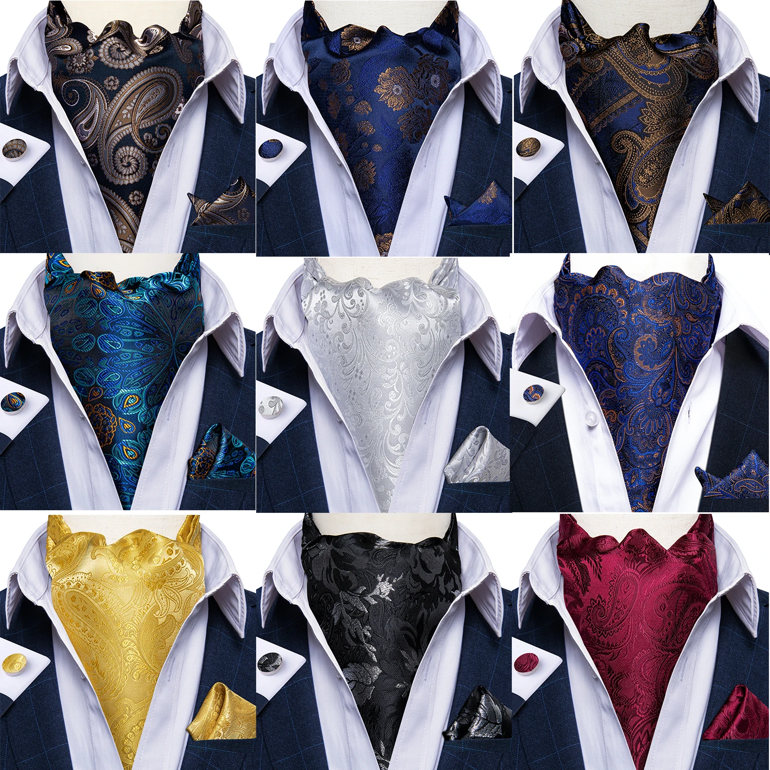 New Men‘s Silk Ascot Tie Set Cravat Ascot Paisley Floral Handkerchief Woven Ties 