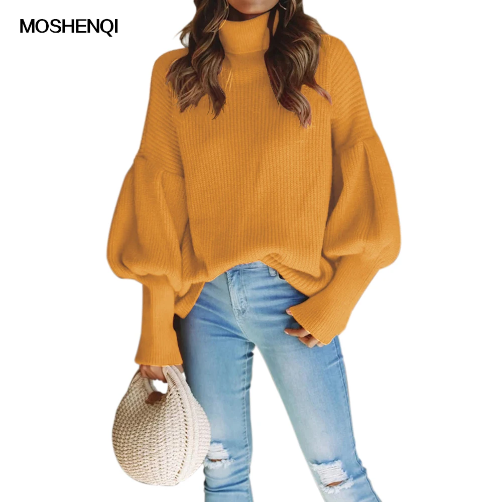 

MOSHENQI Sweater Women Knitted Turtleneck Jumper Lantern Sleeve Red Knitwear Lady Pullover Long Pull Femme Sweaters Female