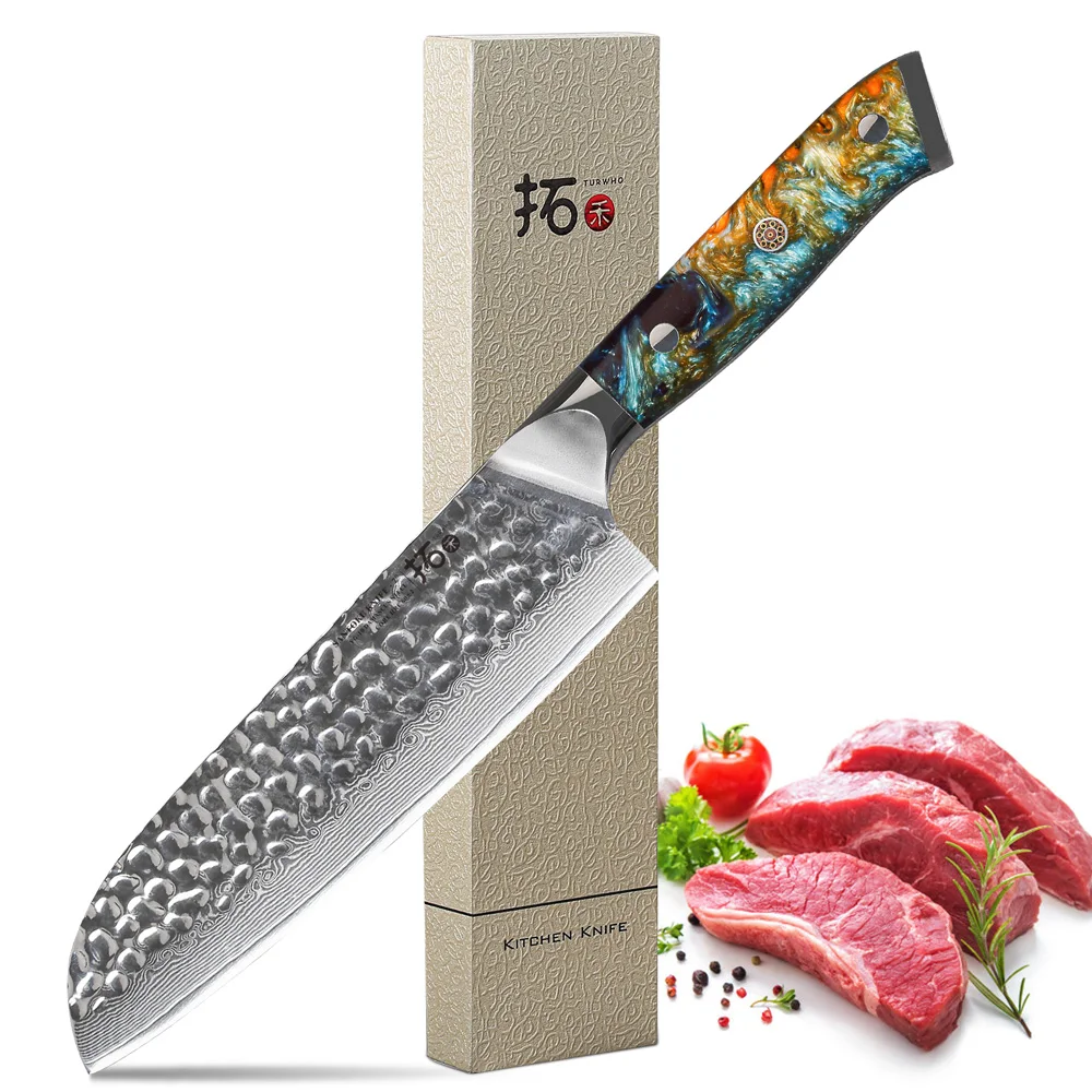 

TURWHO-Super Sharp Damascus Steel Santoku Knife, 7 дюймов, 67 слоев, высококачественный кухонный нож для мяса, рыбы, овощей