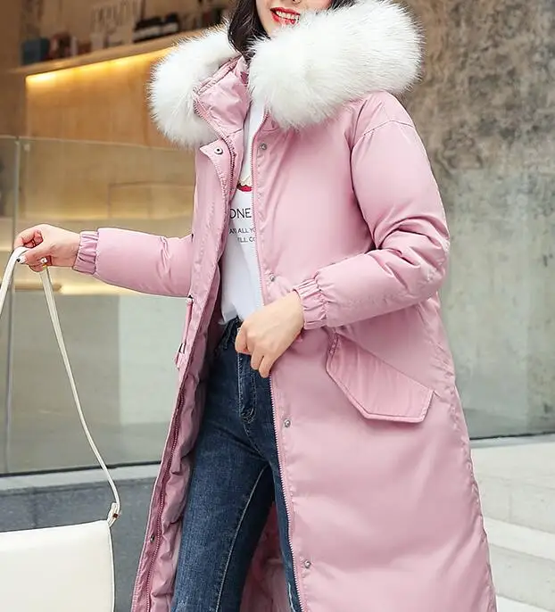 Женские зимние куртки, пуховое хлопковое пальто с капюшоном размера плюс, парки, женские пальто, длинное пальто, модные женские пальто с меховым воротником 3XL - Цвет: Pink