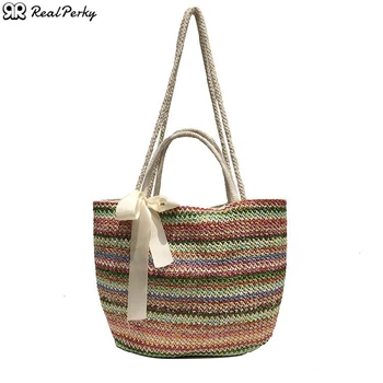 

Women Drawstring Color Large Handbags Straw Bags Female Bohemian Handmade Woven Beach Bags Ladies Summer Fashion Shoulder Bags