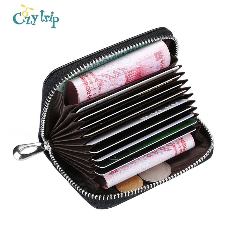 

RFID Blocking Genuine Leather Credit Card Case Holder Security Small Travel Wallet with Zipper
