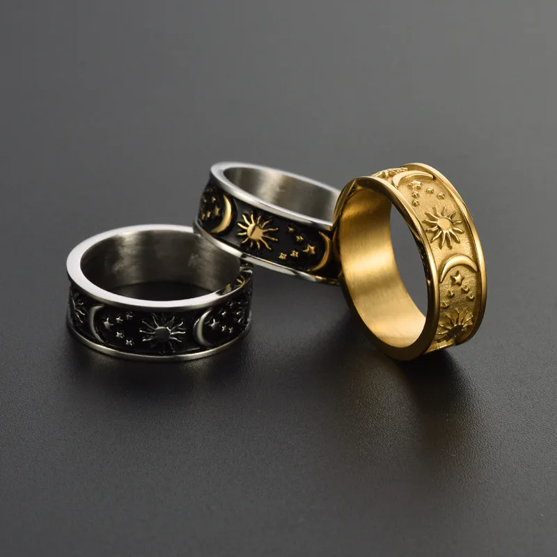 Megin D Stainless Steel Titanium Moon Star Sun Planet Universe Vintage Boho Ins Rings for Women Men Couple Friends Gift Jewelry