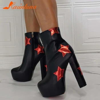 

Karinluna Fashion Hot Sale Female Shoes Red Star Round Toe Platform Thick High Heels Zip Ankel Booties