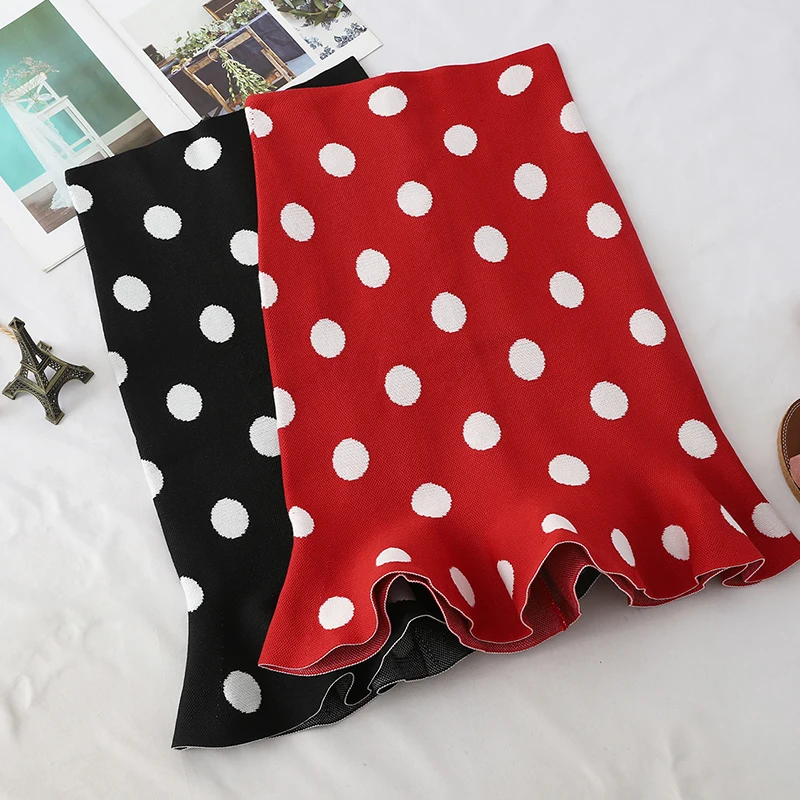 

red black flexible stretch high waisted mini ruffle fish tail vintage polka dot warm knitted skirt for women womens skirts saias