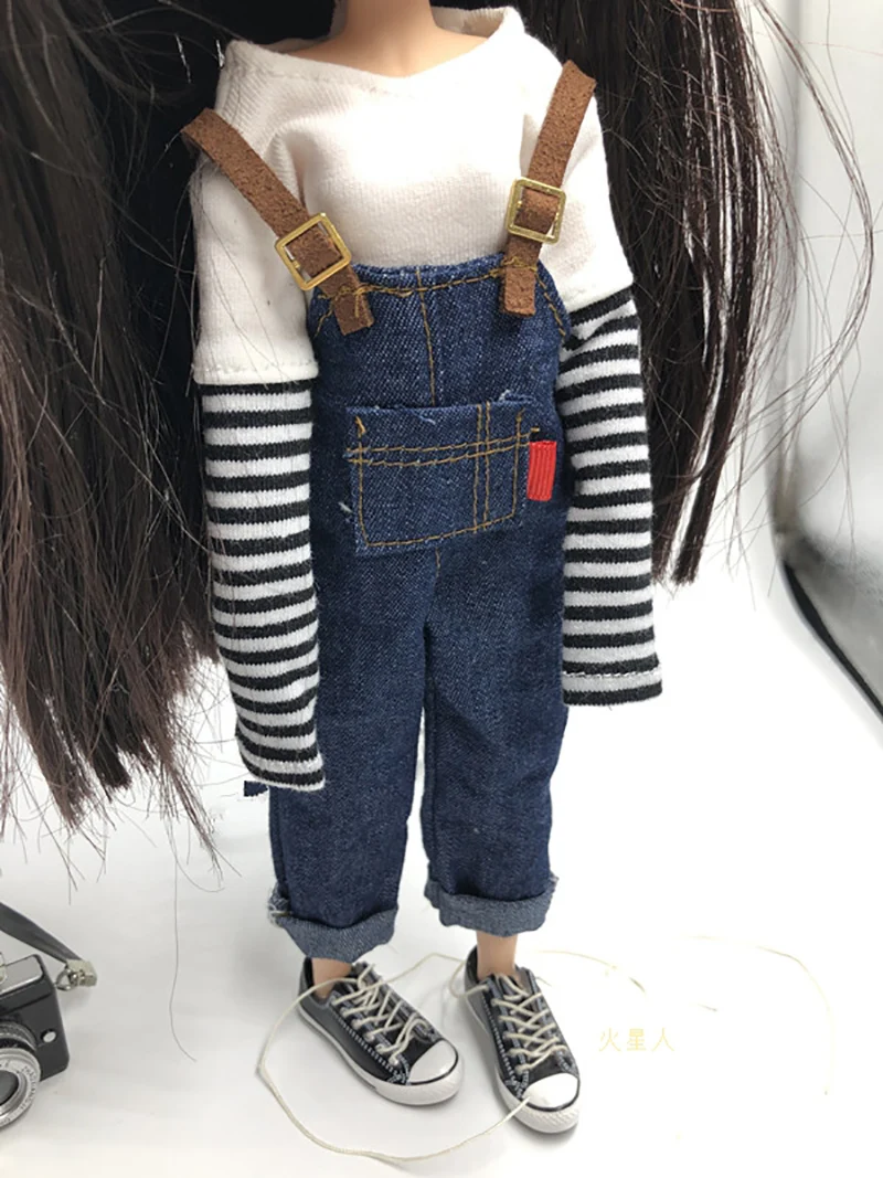 2 шт., новая модная одежда Blyth Doll футболка в полоску с длинными рукавами+ комбинезон для Blyth, Ob24, Azones, кукла 1/6, аксессуары, одежда
