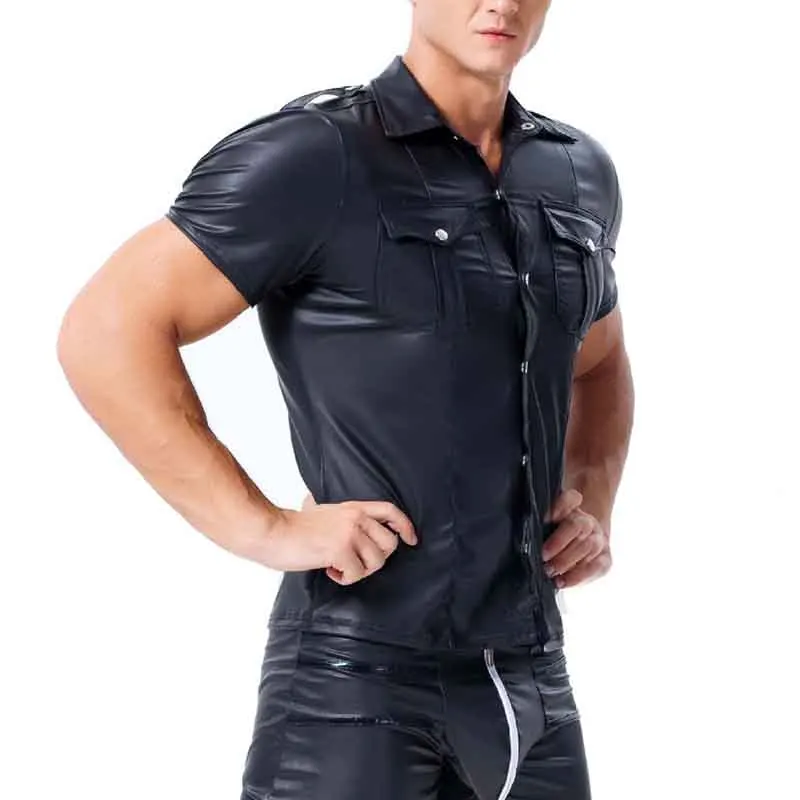 Men's Shirts PU Leather Short Sleeve Slim Fit Tshirts Male Dance Stage Clubwear T-shirt Men Gothic Streetwear Tops Tee Plus Size (5)