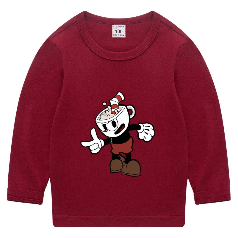 game Cuphead Summer O-Neck Tops Boys Girls Funny lovely color Long sleeve T-shirt Kid Children Cartoon T shirt Baby wholesale