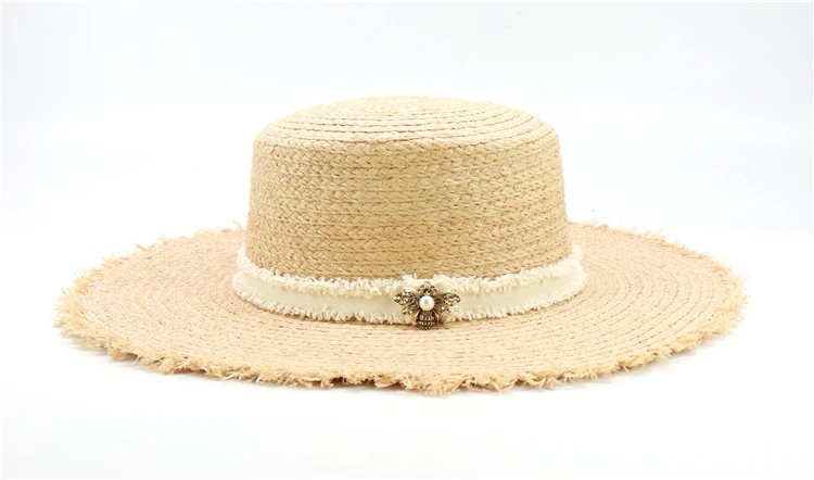 Новые женские пляжные шляпы от солнца с жемчугом+ Пчелой рафией с большими полями шириной 10 см, соломенная шляпа с козырьком, Женская Складная летняя УФ-шапка