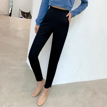 

Hot sale 2019 new high waist was thin pencil nine points feet black female classic high elastic fashion slim solid color trouser