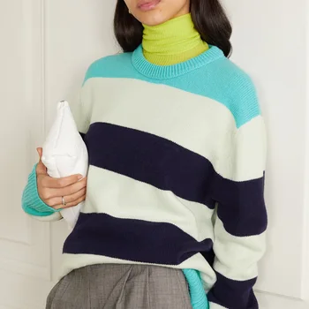 

2020 Spring Women Square Smiling Face Embroidery Pattern Contrast Wide Stripe Knitted Pullover Round Neck Sweater