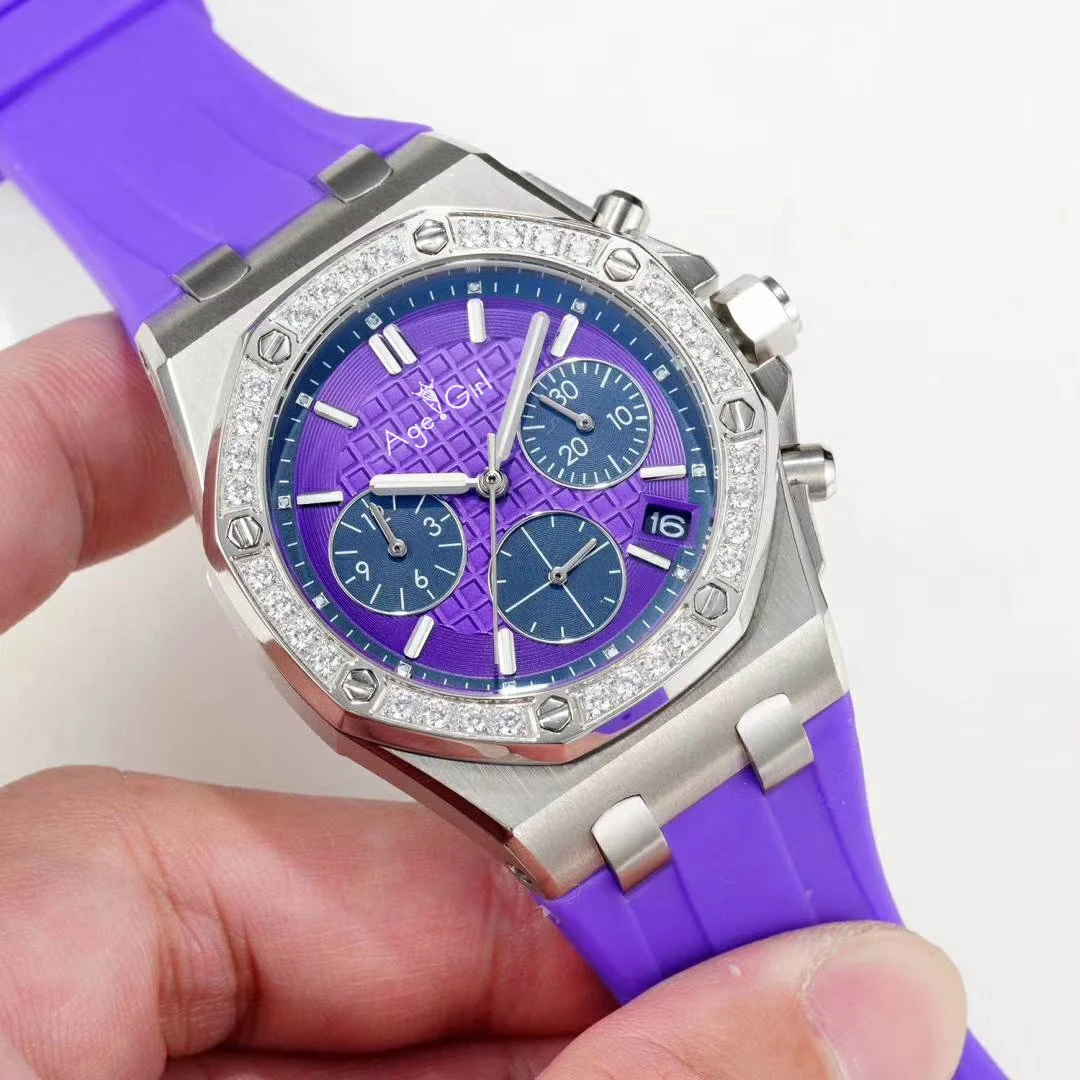 Purple Роскошные брендовые новые женские часы с хронографом, секундомером, сапфиром, нержавеющая сталь, светящиеся часы с резиновыми серебряными бриллиантами - Цвет: Purple