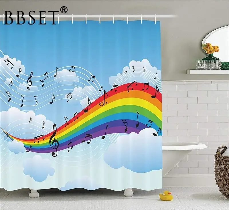 Music Shower Curtain Rainbow with Musical Notes Pattern Waterproof Multi-size Cortina De Bano Bathroom Decor 12 Hooks | Дом и сад