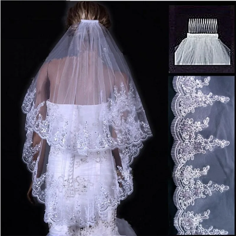 Luxury Wedding Veils  2 Layer Lace Applique Edge With Beads Rhinestones Bridal Veil  Bridal Accessories