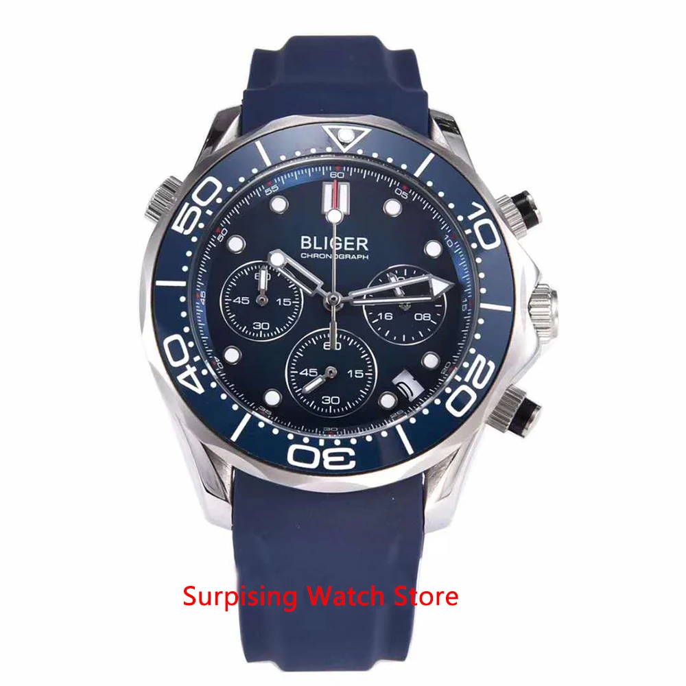 

Bliger 41mm VK Quartz Wristwatch Men Sapphire Glass Luminous Waterproof Rubber Strap Date Sport Chronograph Function Watch Men