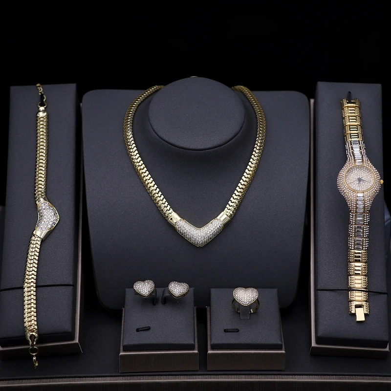 Luxury Women Jewelry Sets Gold Color pave Cubic Zirconia Watch Necklace Earrings Bracelet Ring Combo wedding bridal jewelry sets | Украшения