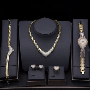 

Luxury Women Jewelry Sets Gold Color pave Cubic Zirconia Watch Necklace Earrings Bracelet Ring Combo wedding bridal jewelry sets
