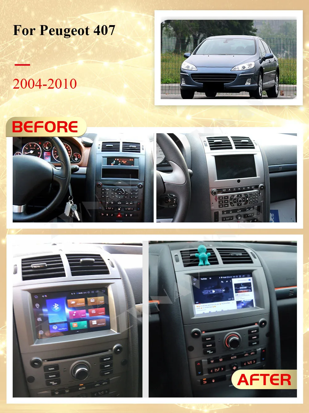 2 Din Carplay Android Radio Receiver Multimedia Stereo For Peugeot 407 2004 2005 2006 2007 2008 2009 2010 GPS Recorder Head Unit