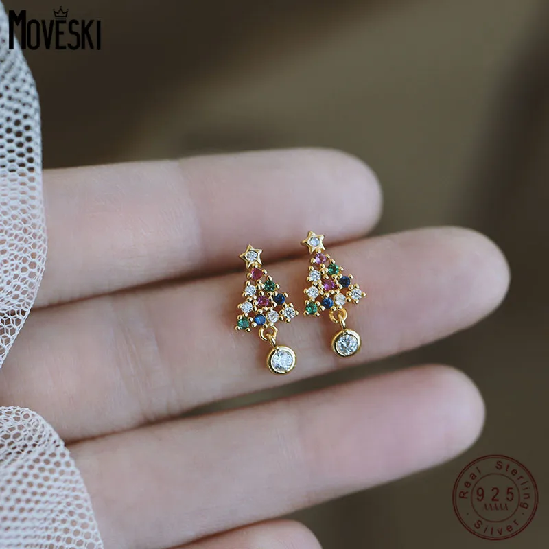 

MOVESKI 925 Sterling Silver Colored Zircon Star Christmas Tree Stud Earrings For Women Cute Fine Jewelry Accessories