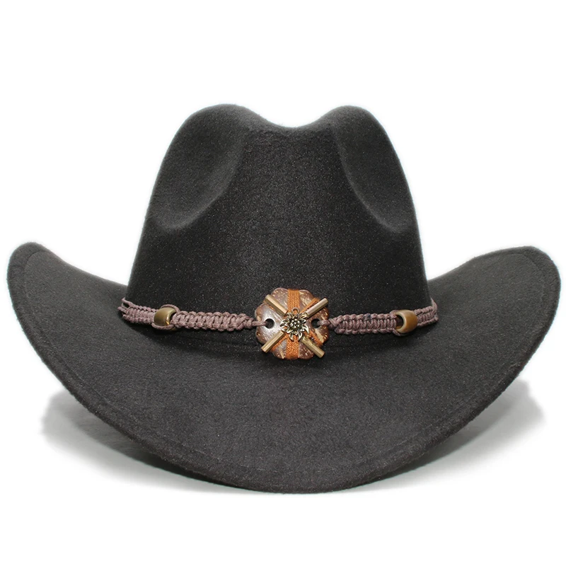 Vintage Parent-child Women Men /Kid Child Wool Wide Brim Cowboy Western Hat Cowgirl Bowler Cap Wood Knitted Bead Band (57cm/54cm