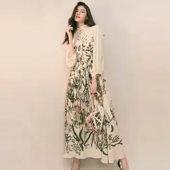

Runway Dress For Women 2020 Autumn New Boho Chic Floral Printed Long Sleeve Lace Up Loose Long Midi Dress