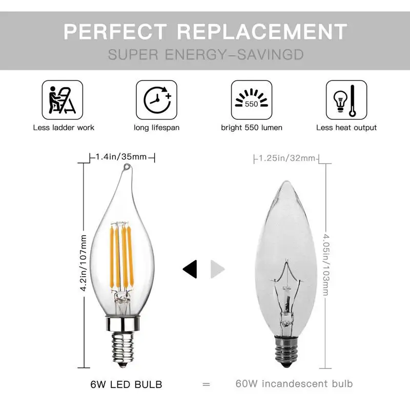E12 светодиодный подсвечник 60 Вт эквивалентная диммируемая светодиодная люстра лампочка 6 Вт 2700 к теплый белый 550лм CA11 пламенная заостренная Свеча лампа wi-Fi