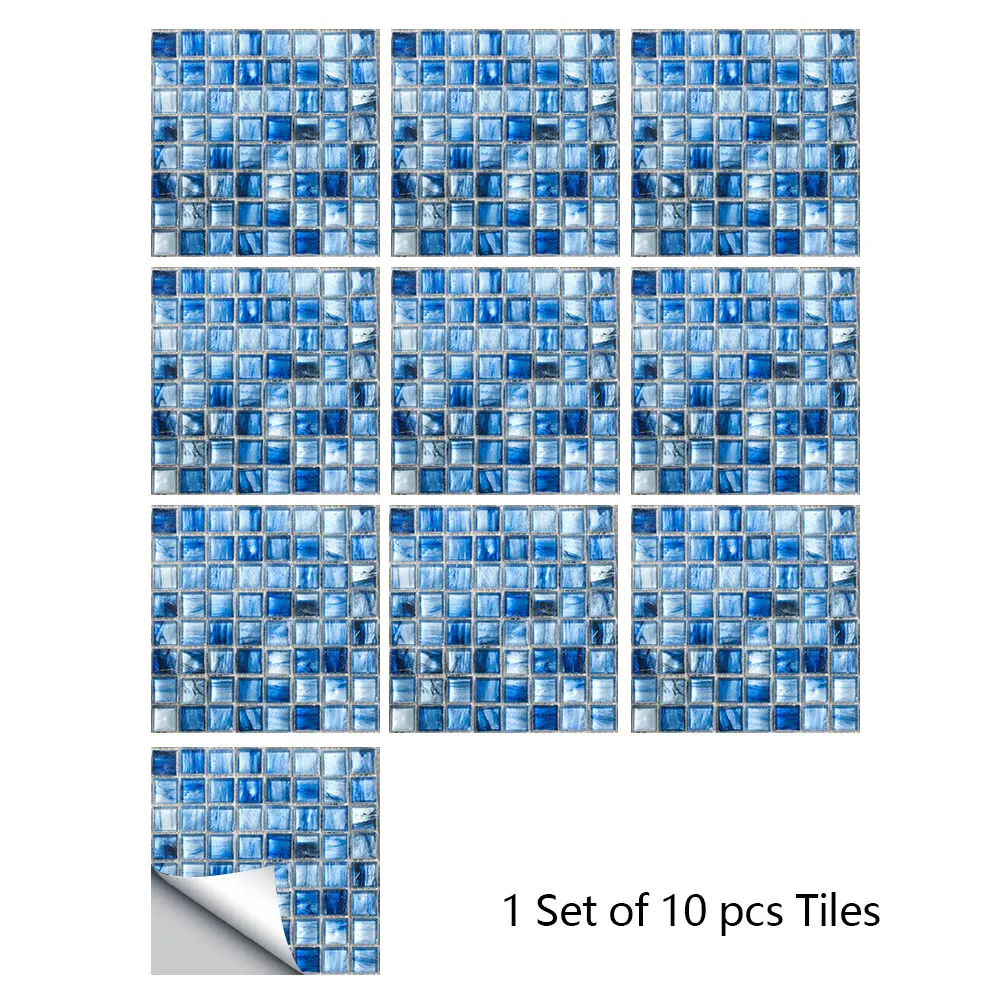 thumbnail image 1 of 10 piezas de pegatinas de pared de mosaicos planos azules impresas en 2D para cocina, baño, decoración del hogar, calcomanías de pared de PVC impermeables para despegar y pegar, 1 of 5