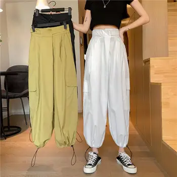 

2020Summer New Korean Women Elastic High Waist Drawstring Loose Overalls Wild Simple Casual Solid Nine-point Pants Free Shipping