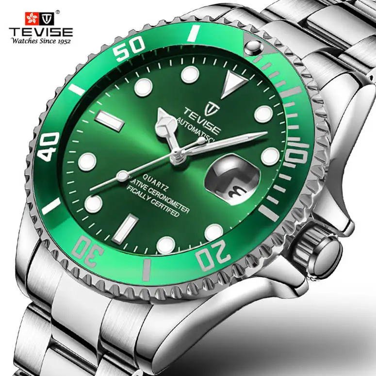 

Mens Watches Fashion Casual Brand Tevise Green Mechanical Watch Stainless Steel Waterproof Business Wristwatch Relogio Masculino