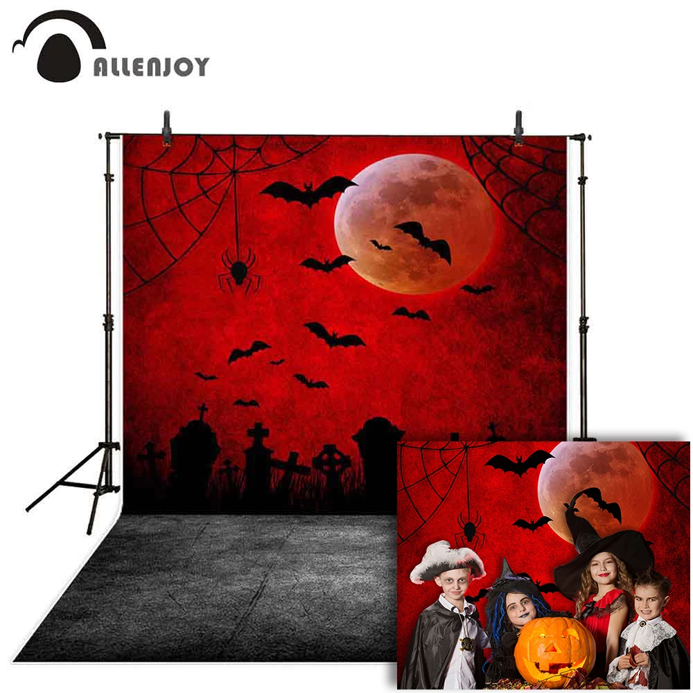 

Allenjoy Halloween photographic photophone backdrop moon horror night tomb spider bat Blood red background cement wall photocall