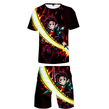 

Demon Slayer Kimetsu no Yaiba Cool 3D Harajuku New Summer Style Streetwear two piece set O-neck tshirt+shorts Men's Harajuku Set