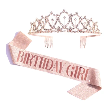 

Birthday Girl Belt and Rhinestone Headwear Set-Rose Gold Birthday Gift Glitter Birthday Belt Birthday Party Gift