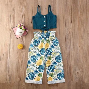 

Pudcoco Toddler Baby Girl Clothes Solid Color Strap Button Bowknot Crop Tops Flower Print Long Pants 2Pcs Outfits Clothes