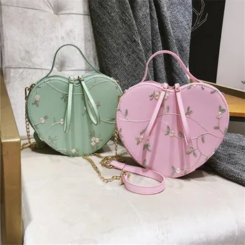 

Ins Hot Sale Floral Embroidery Handbag Purse Shoulder Bag Heart Shaped Leather Chain Messenger Bags Crossbody Clutch Small #23