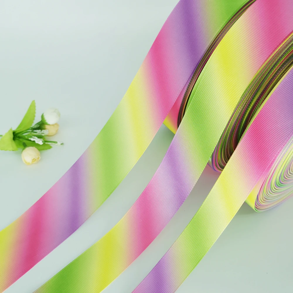 DIY Rainbow Color Gradation Printed Grosgrain Ribbon Hair Bow Party Sewing Glitter Craft 5 Yards 25mm 38mm 50mm