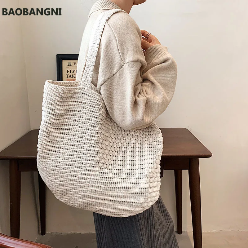 

Designer Knitted Shopper Tote Handbag for Women Winter Trends Large Capacity Female Shoulder Bags Travel Shopping Bag