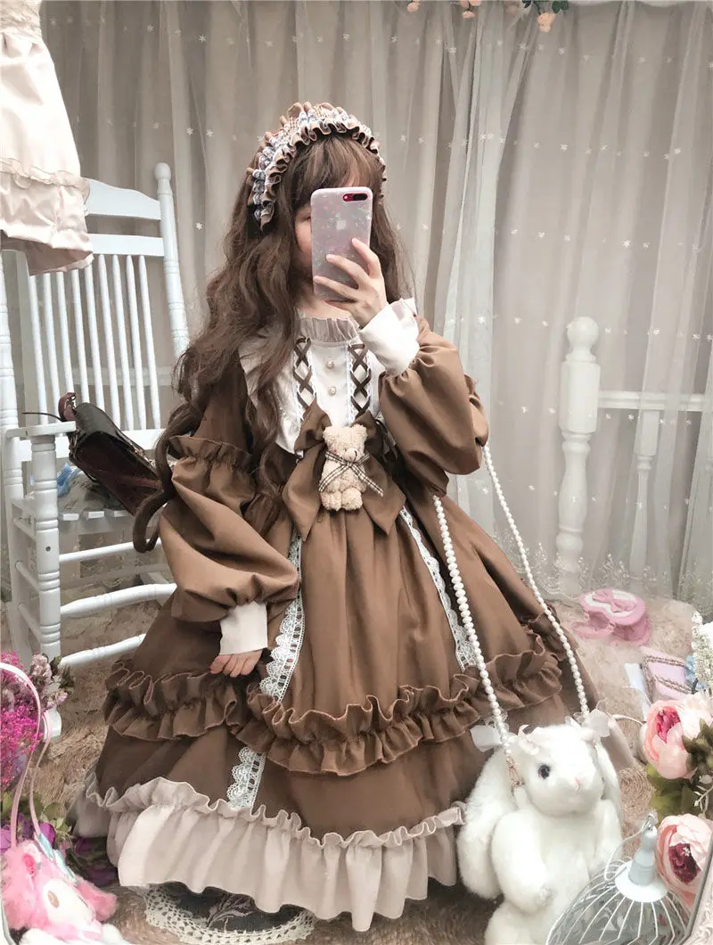 Japanese Gothic Lolita Dress Women Kawaii Bow Bear Lace Blue Dress Long Sleeve Princess Dress Halloween Costume Gift For Girls christmas dress