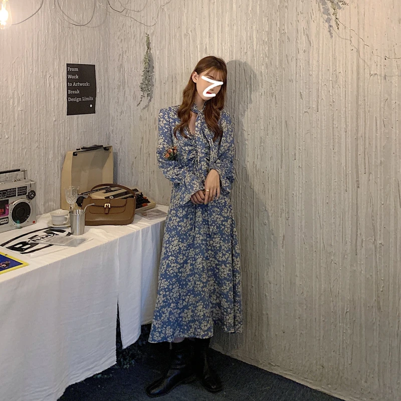 2020 New Autumn Female Chiffon Long Dress Women Long Sleeve Holiday Boho Beach Dress Vintage Floral Print Party Vestidos Robe