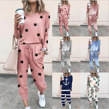 

2 Piece Set Tracksuit Women Five-pointed Star Two Piece Set Top And Pants Femme Clothes Elastic Waist Long Pants Set Lounge Wear