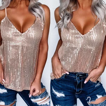 

Sequin Tank Tops Girls Sexy Sleeveless V Neck Gold Silver Camis 2020 Spring Summer Club Tops Fashion Women Casual Camisole D30