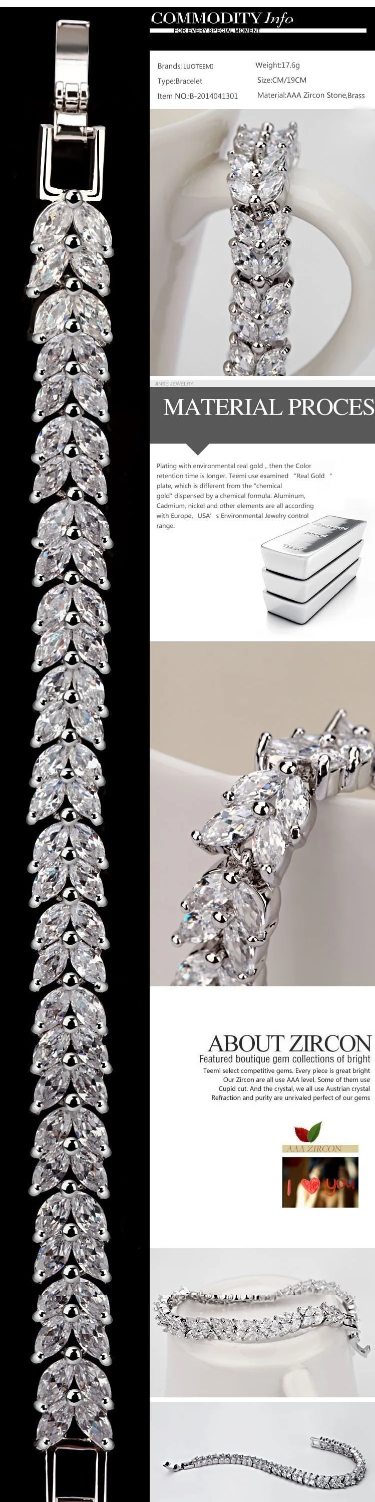 LUOTEEMI, Модный классический стильный браслет для женщин, браслет из прозрачного фианита с огранкой маркизы, браслеты из белого золота, ювелирных изделий
