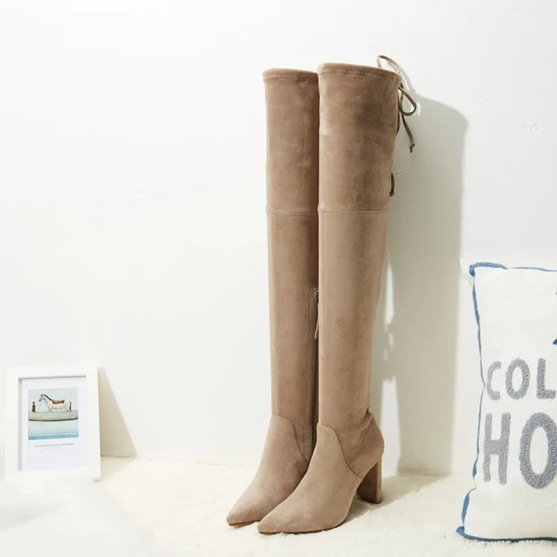 

Women's flock thick high heel over the knee boots stretch winiter warm plush long boots high quality black slim high boots shoes