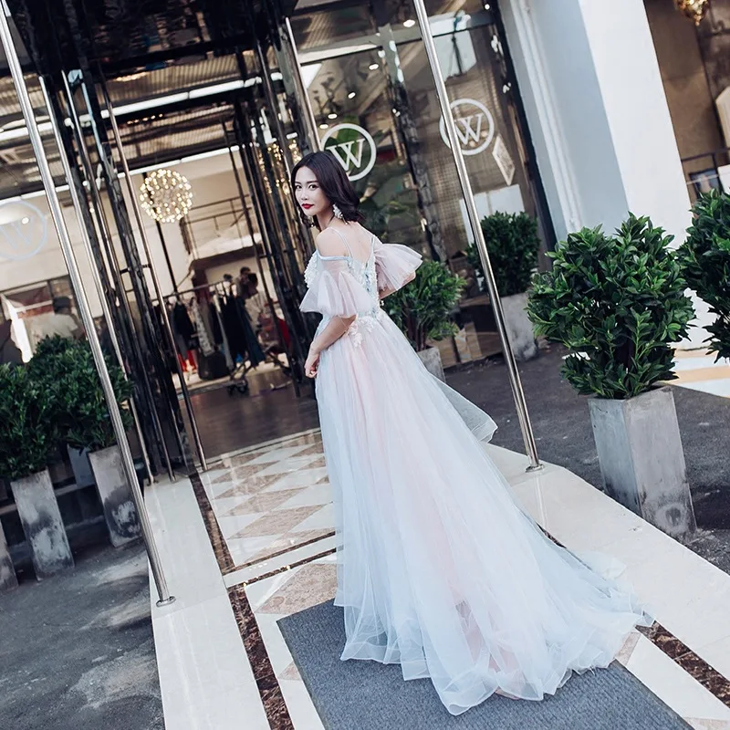 Robe de Soiree Longue элегантное вечернее платье Шампань кружево розовый синий тюль платье для выпускного вечера Длинные вечерние платья Vestido de Festa ES2829 - Цвет: pink Blue with train