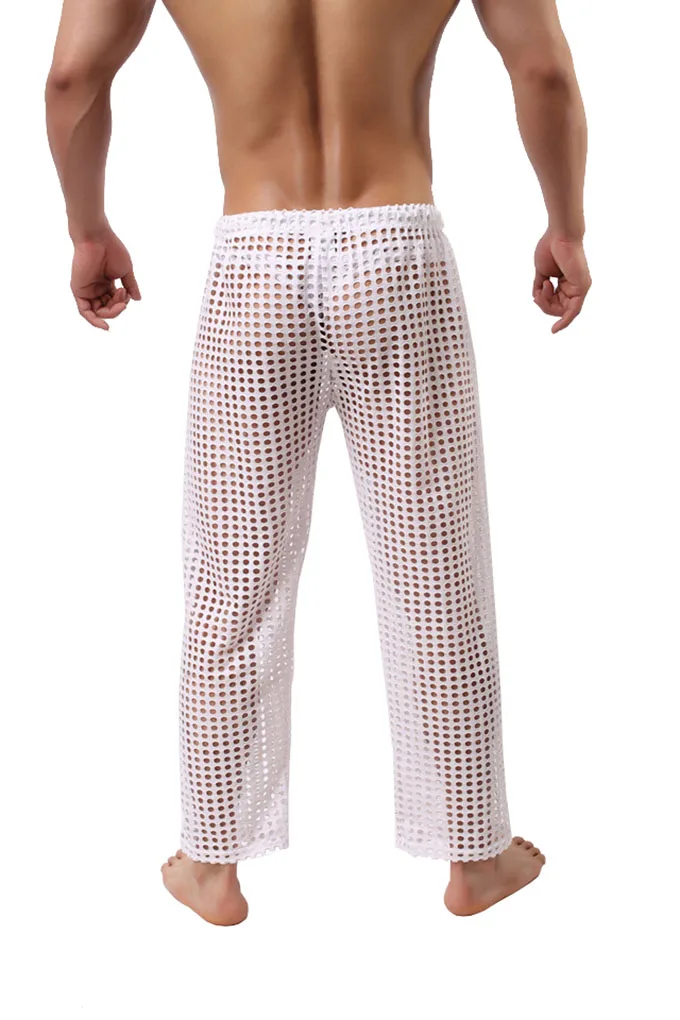 Men's Fashion Sexy Transparent Mesh Pants Drawstring Breathable Trousers Fashion Loose Casual Pajama Pants