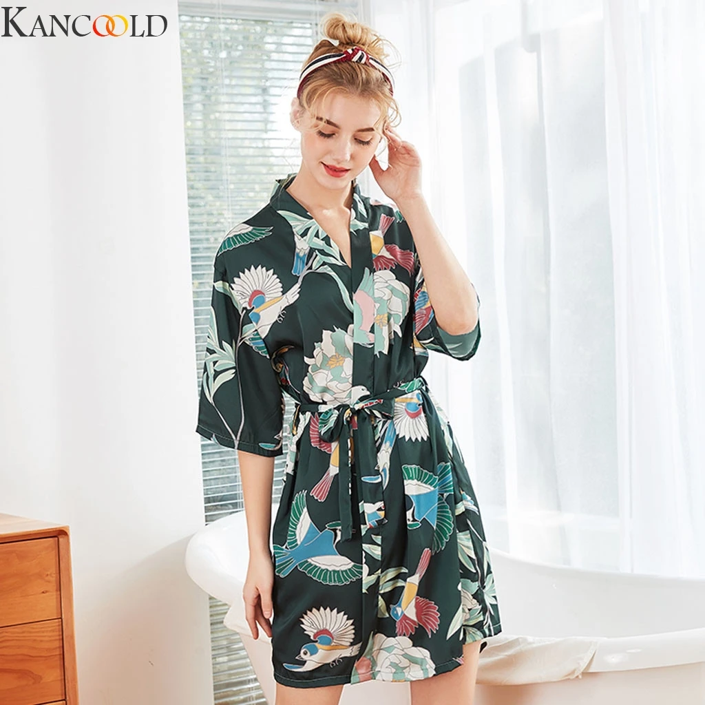 KANCOOLD для женщин китайский стиль печати Slim Fit пижамы слинг полиэстер Атлас удобные короткие рукава Ночная рубашка