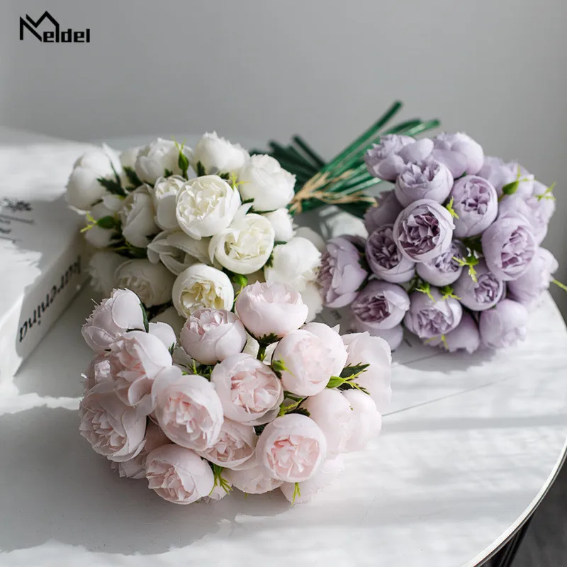 27 Heads Small Tea Roses Artificial Flowers Fake Flowers Silk Roses Wedding Bridal Bouquet Table DIY Home Decor Faux Flores Rose