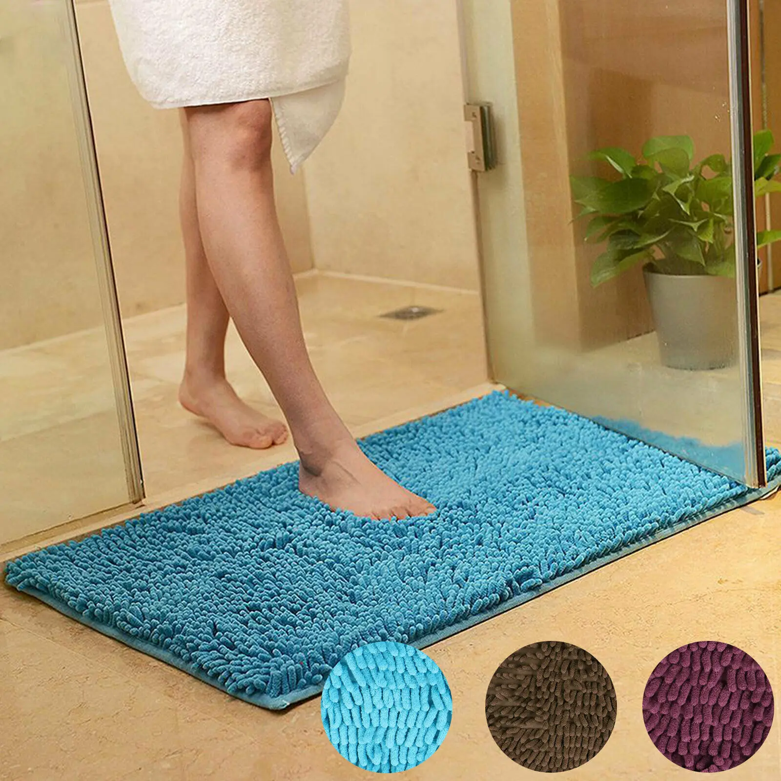 Soft Microfiber Shaggy Non Slip Absorbent Bath Mat Bathroom Shower Rugs Carpet