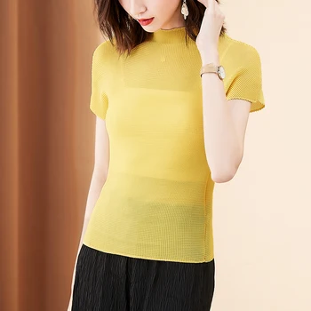 

Plus Size T-Shirt Female Summer 2020 New Stand Collar Short Sleeve Stretch Miyake Pleated Slim Casual Large Size Women Tops